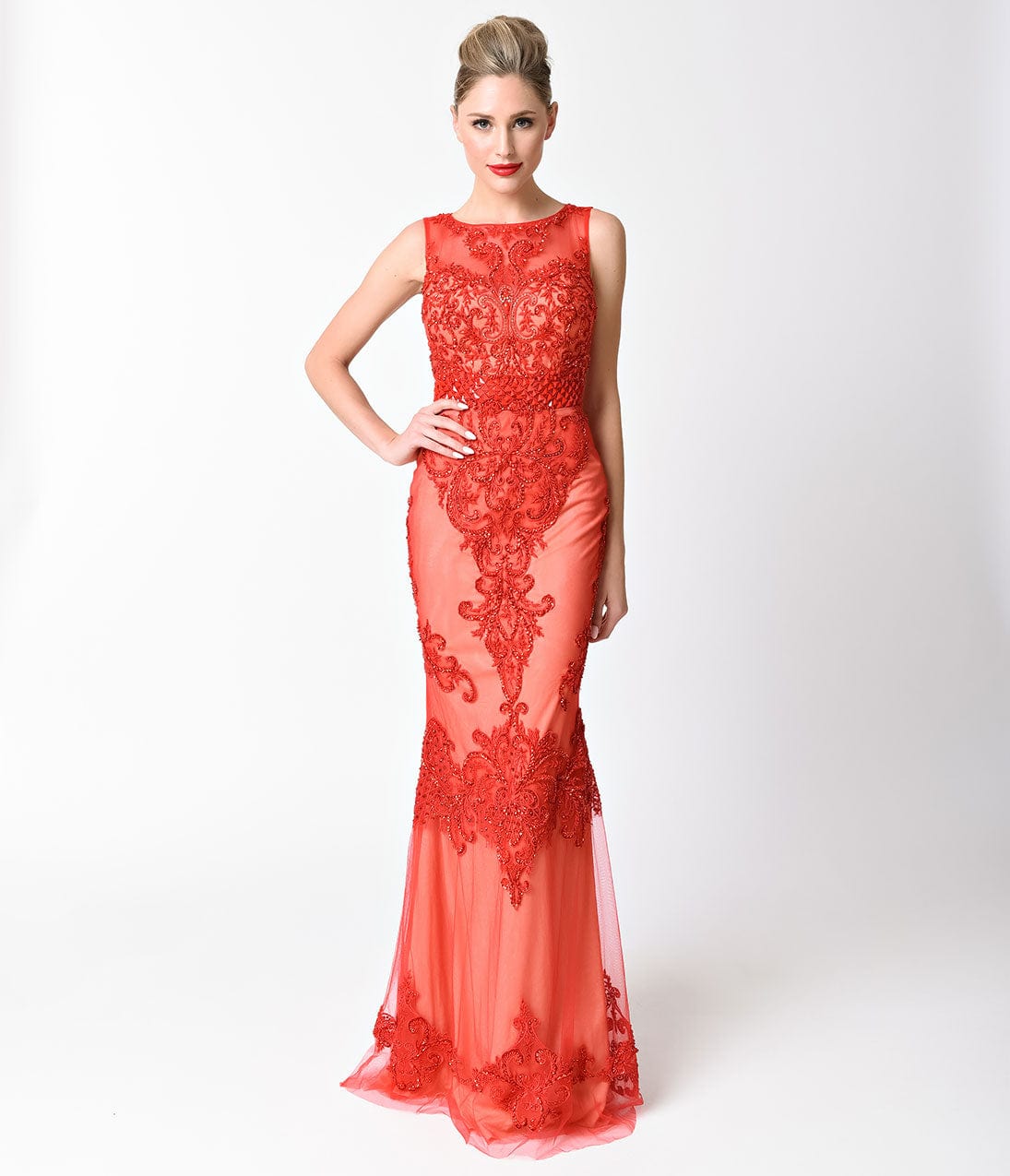 Red Sexy Sleeveless Embellished Sheer Illusion Long Dress
