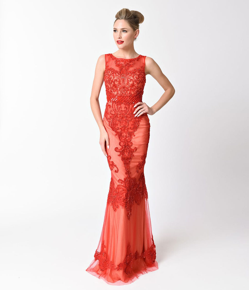 Red Sexy Sleeveless Embellished Sheer Illusion Long Dress