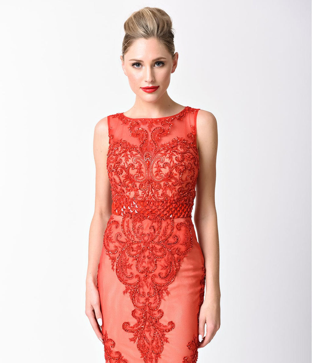 Red Sexy Sleeveless Embellished Sheer Illusion Long Dress