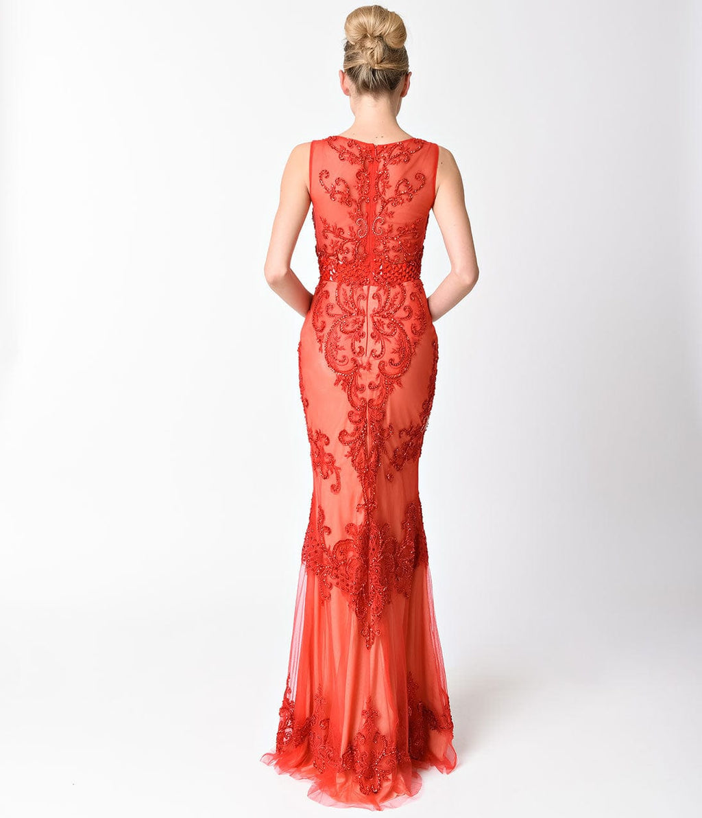 Red Sexy Sleeveless Embellished Sheer Illusion Long Dress