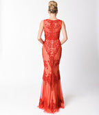 Red Sexy Sleeveless Embellished Sheer Illusion Long Dress