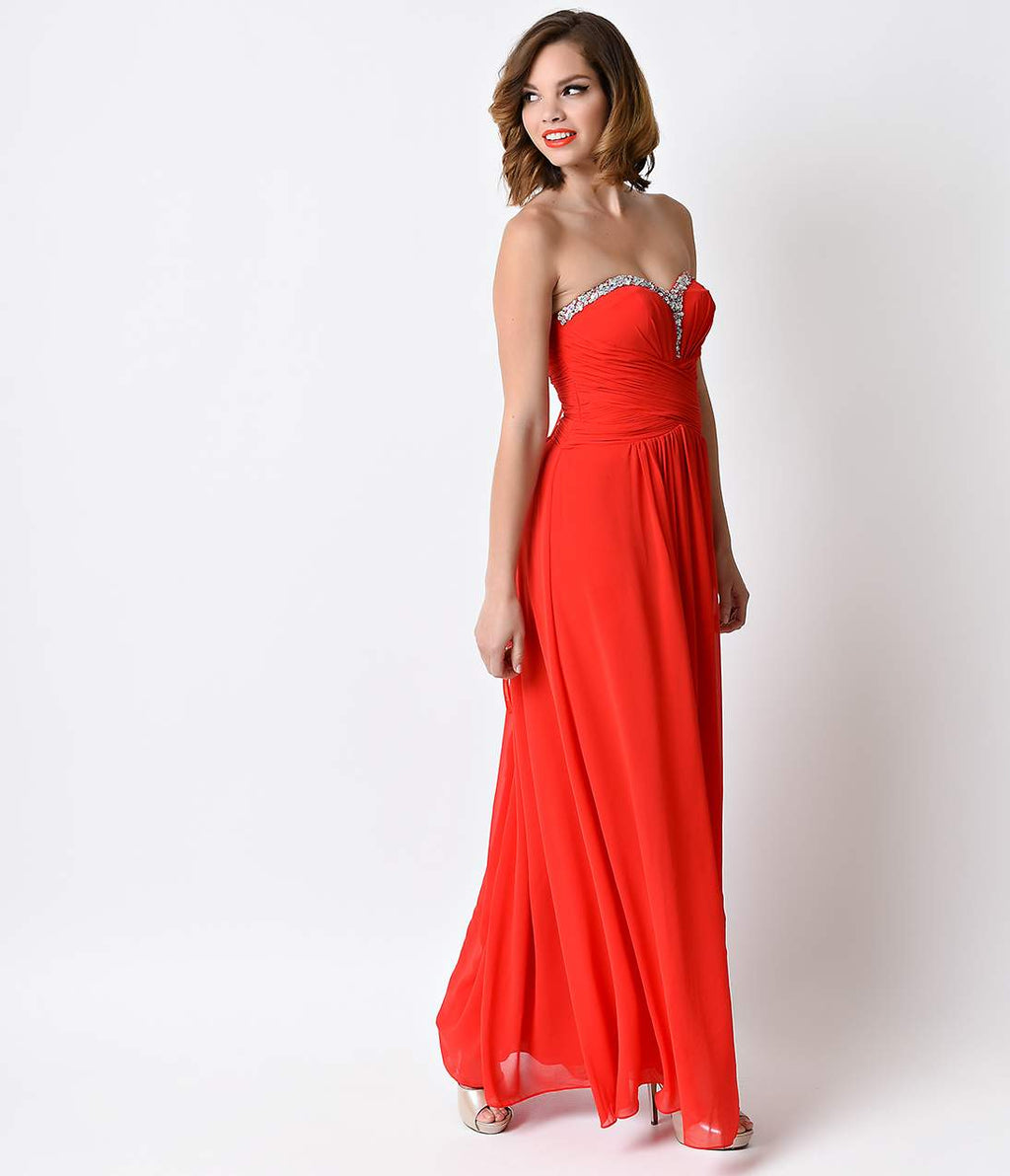 Red Strapless Sweetheart Ruched Chiffon Gown
