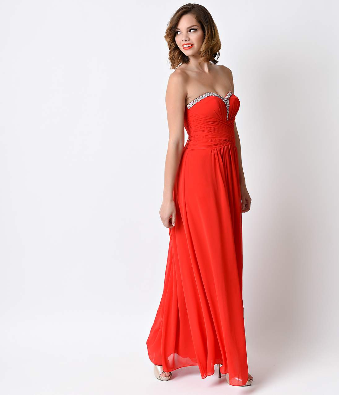 Red Strapless Sweetheart Ruched Chiffon Gown