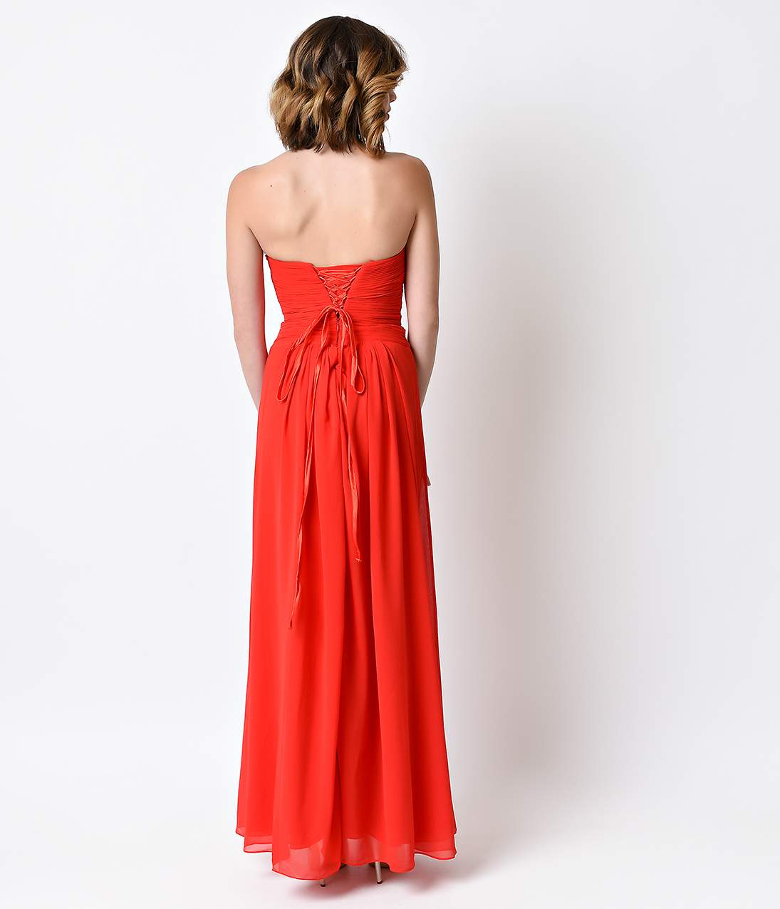 Red Strapless Sweetheart Ruched Chiffon Gown