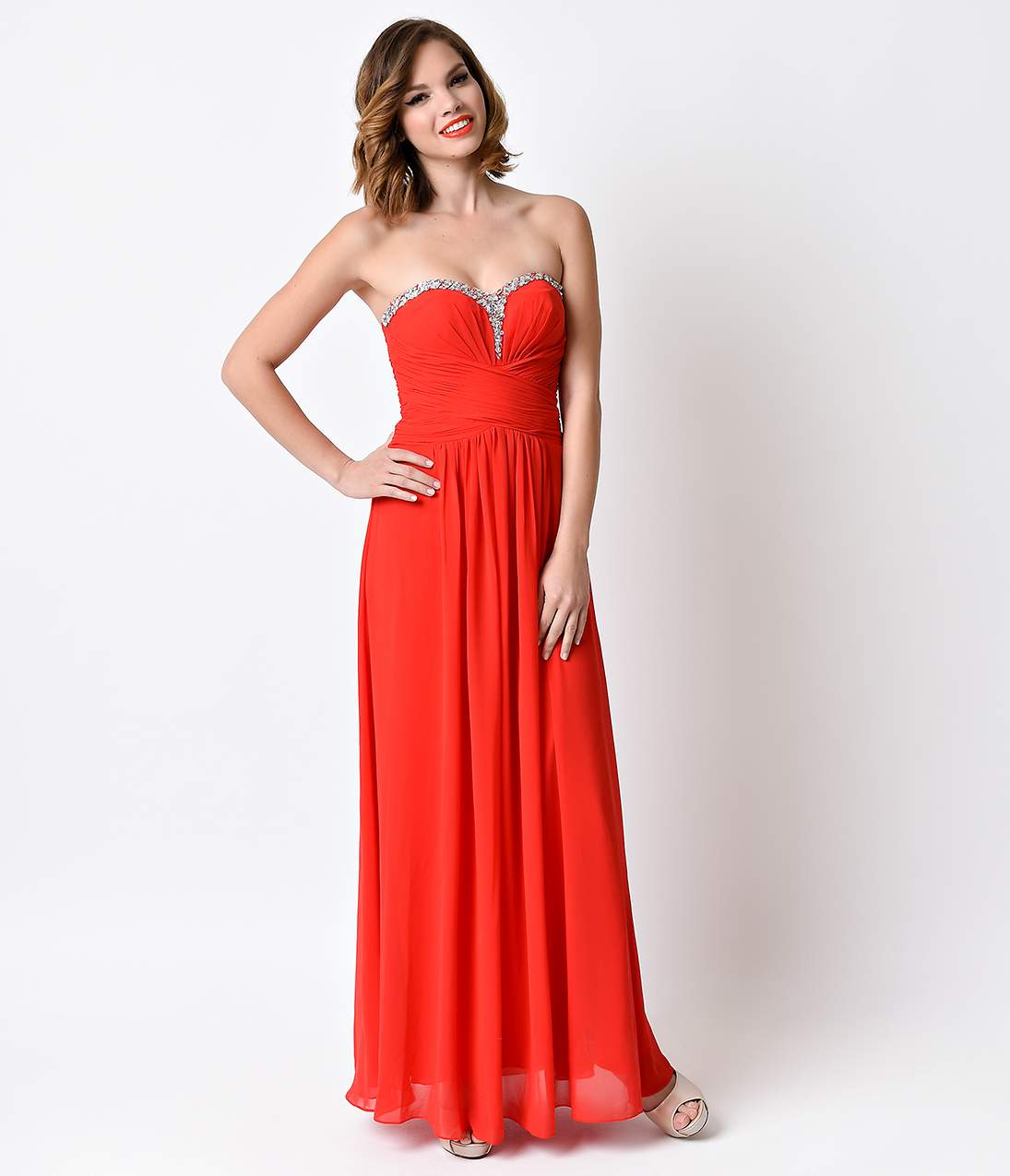 Red Strapless Sweetheart Ruched Chiffon Gown