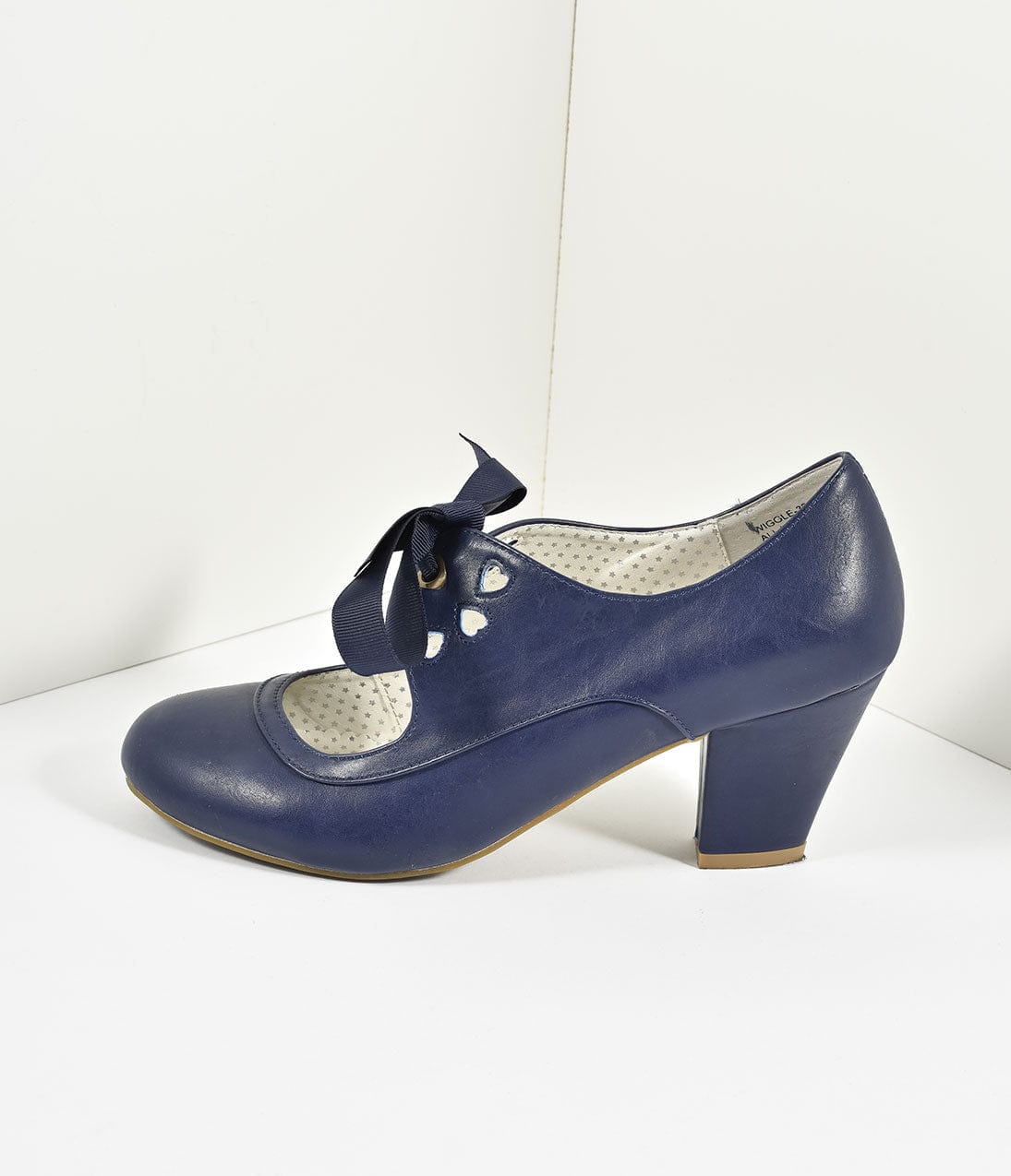 Vintage Style Navy Blue Leatherette Mary Jane Bow Wiggle Heels