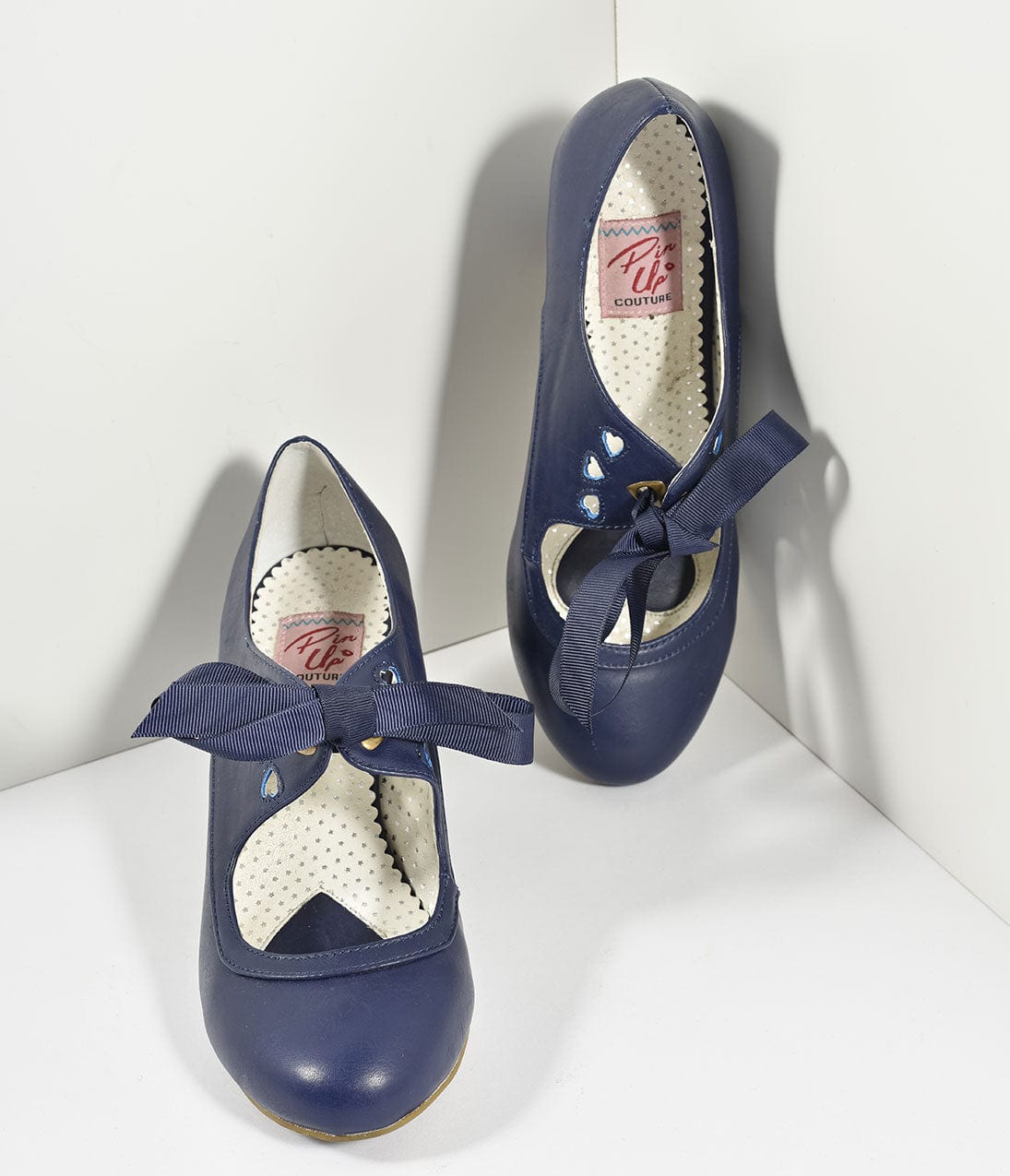 Vintage Style Navy Blue Leatherette Mary Jane Bow Wiggle Heels