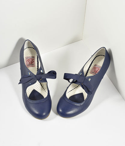Vintage Style Navy Blue Leatherette Mary Jane Bow Wiggle Heels