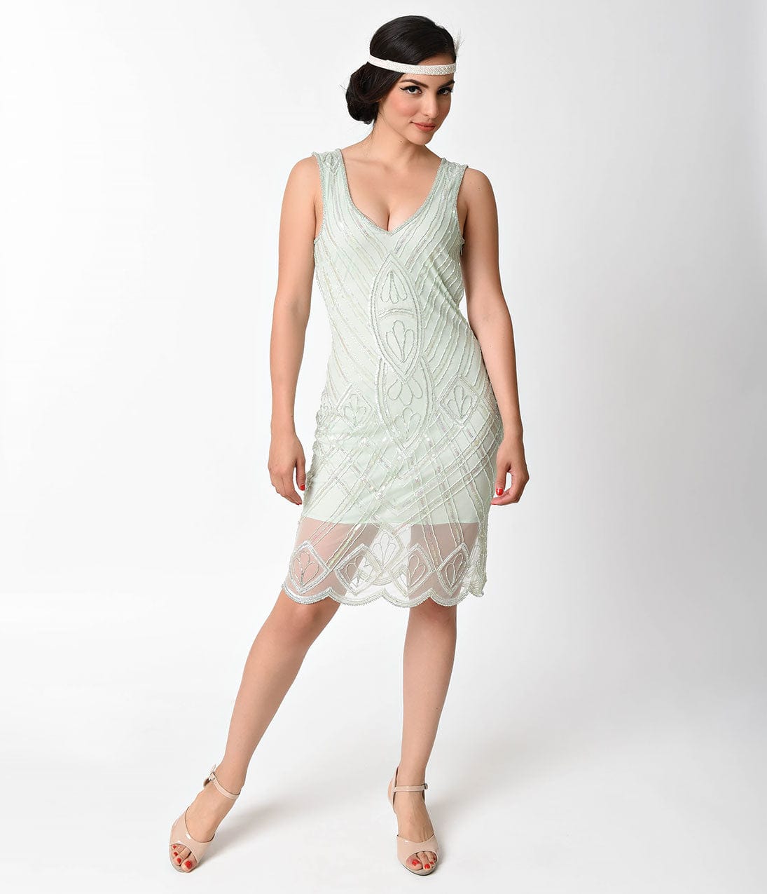 Unique Vintage 1920s Style Mint Beaded Dorothea Flapper Dress