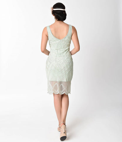 Unique Vintage 1920s Style Mint Beaded Dorothea Flapper Dress