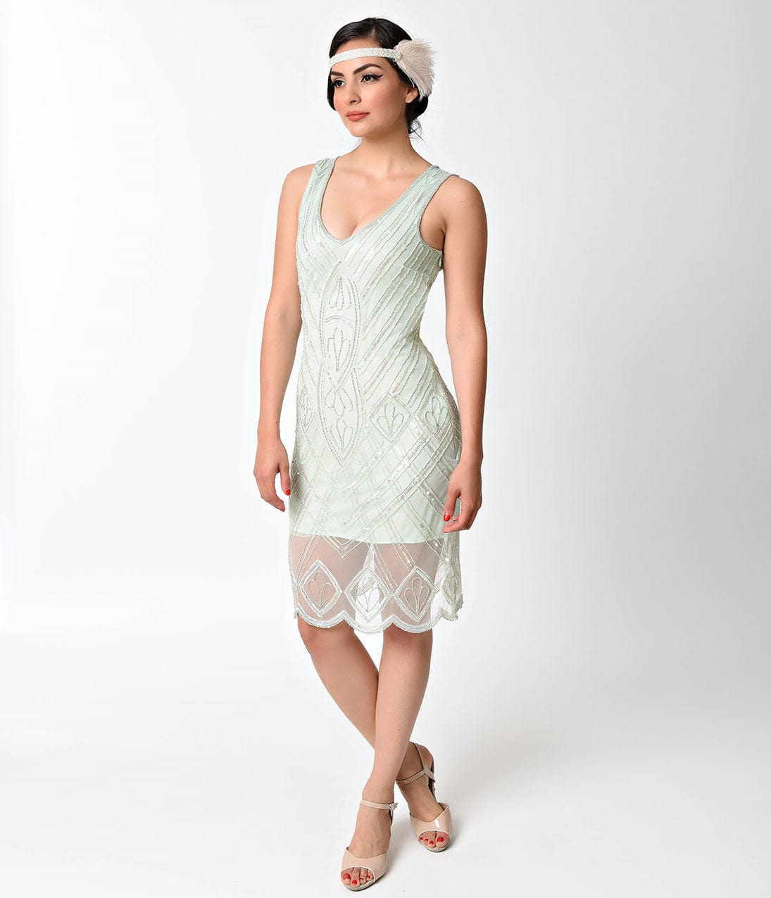 Unique Vintage 1920s Style Mint Beaded Dorothea Flapper Dress