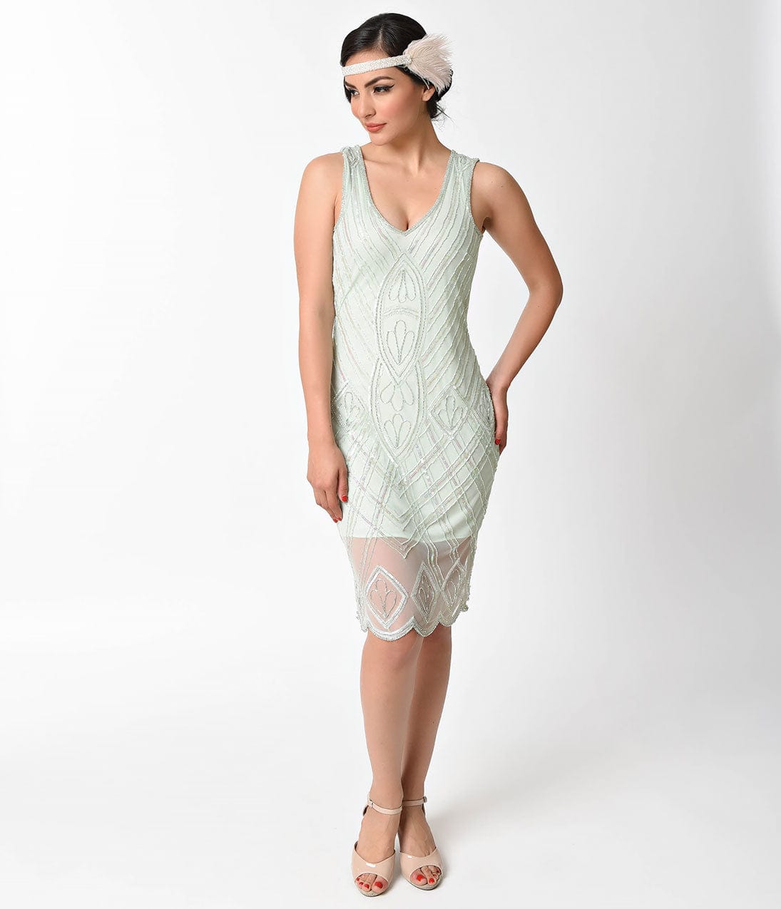 Unique Vintage 1920s Style Mint Beaded Dorothea Flapper Dress