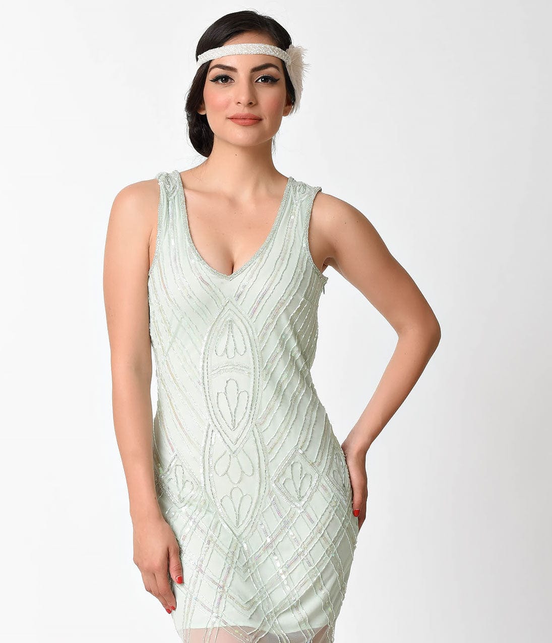 Unique Vintage 1920s Style Mint Beaded Dorothea Flapper Dress