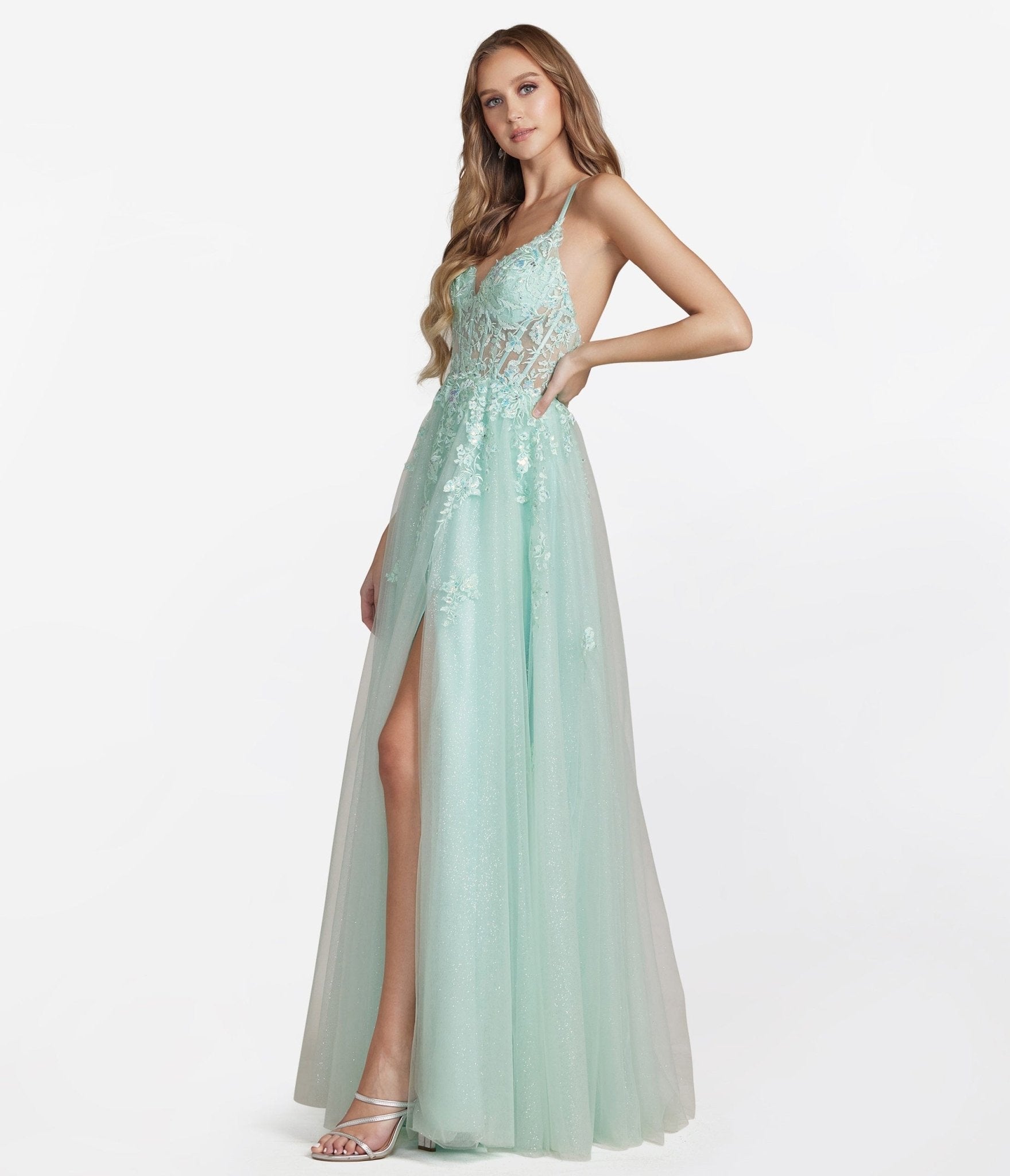 Apple Mint Floral & Tulle Prom Dress - Unique Vintage - Womens, DRESSES, PROM AND SPECIAL OCCASION