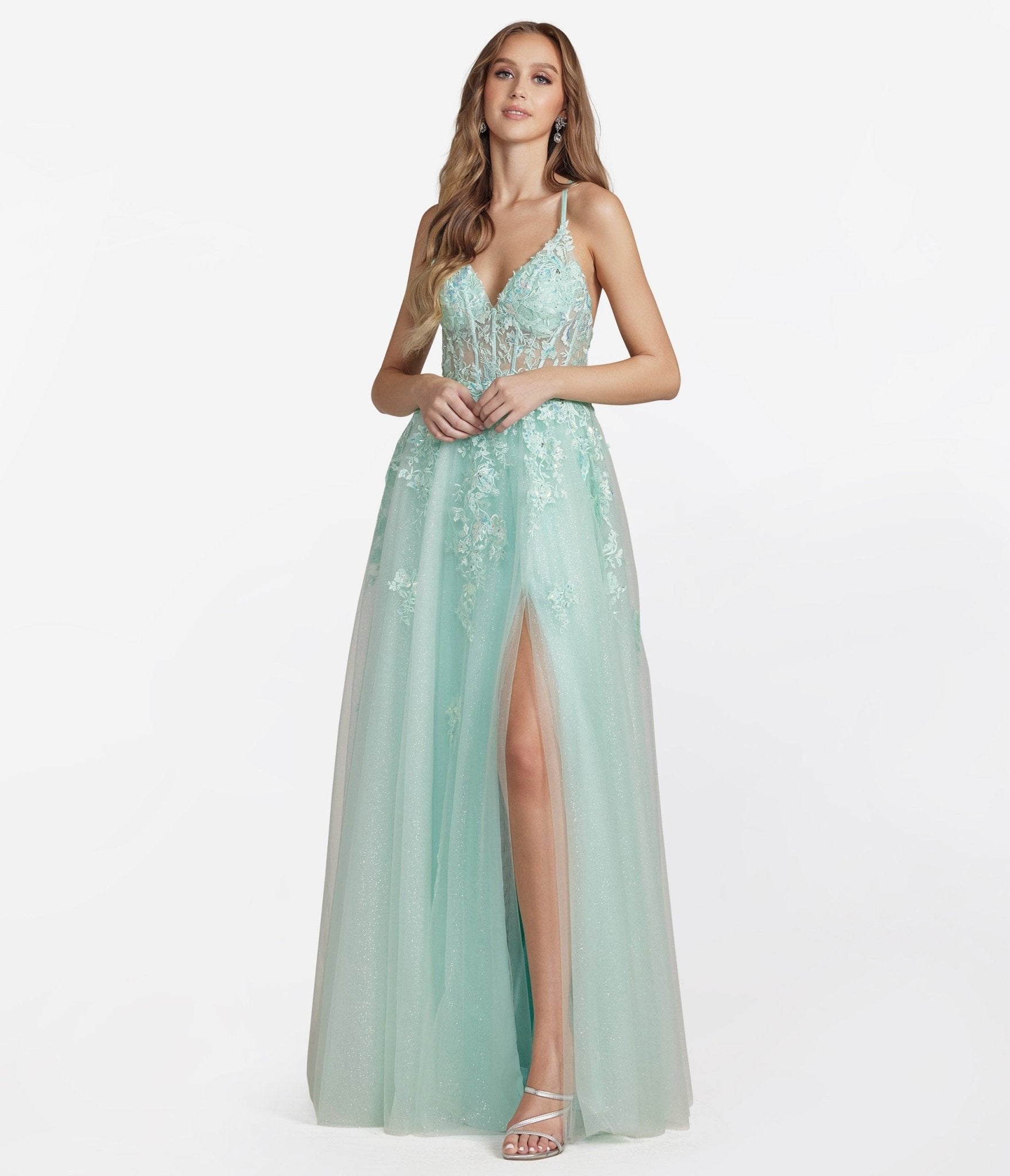 Apple Mint Floral & Tulle Prom Dress - Unique Vintage - Womens, DRESSES, PROM AND SPECIAL OCCASION