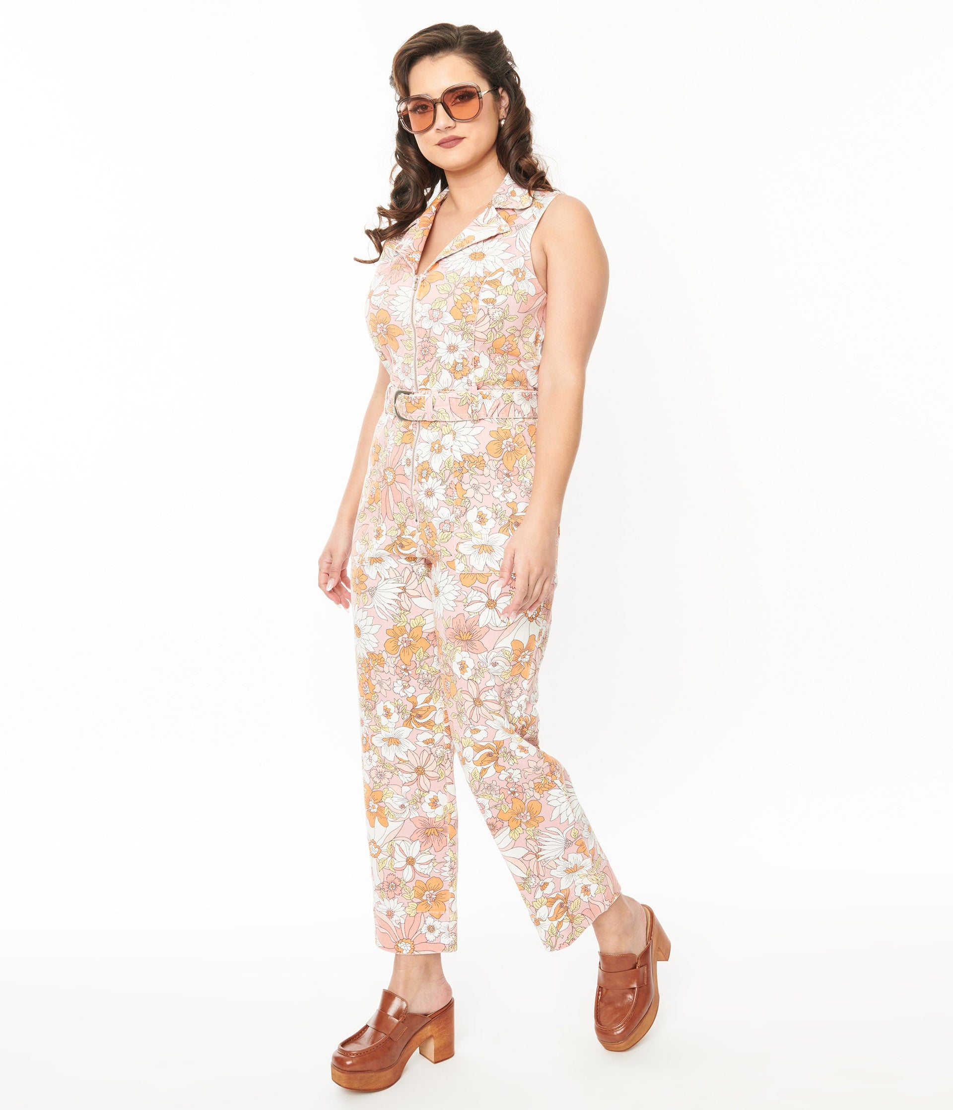 Apricot Floral Belted Jumpsuit - Unique Vintage - Womens, BOTTOMS, ROMPERS AND JUMPSUITS