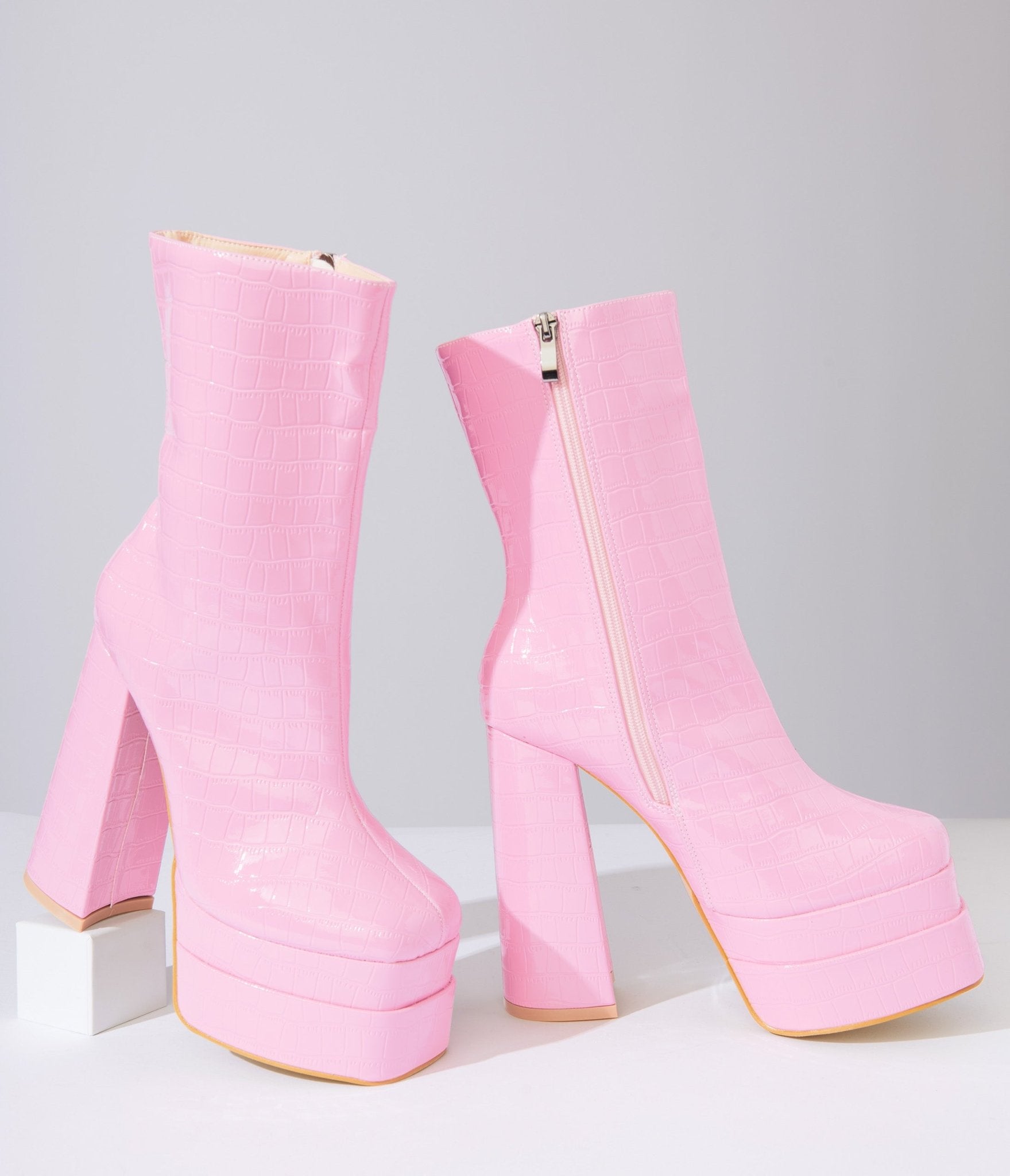 Baby Pink Reptile Embossed Platform Boots - Unique Vintage - Womens, SHOES, BOOTS