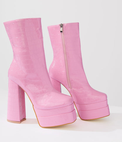 Baby Pink Reptile Embossed Platform Boots - Unique Vintage - Womens, SHOES, BOOTS