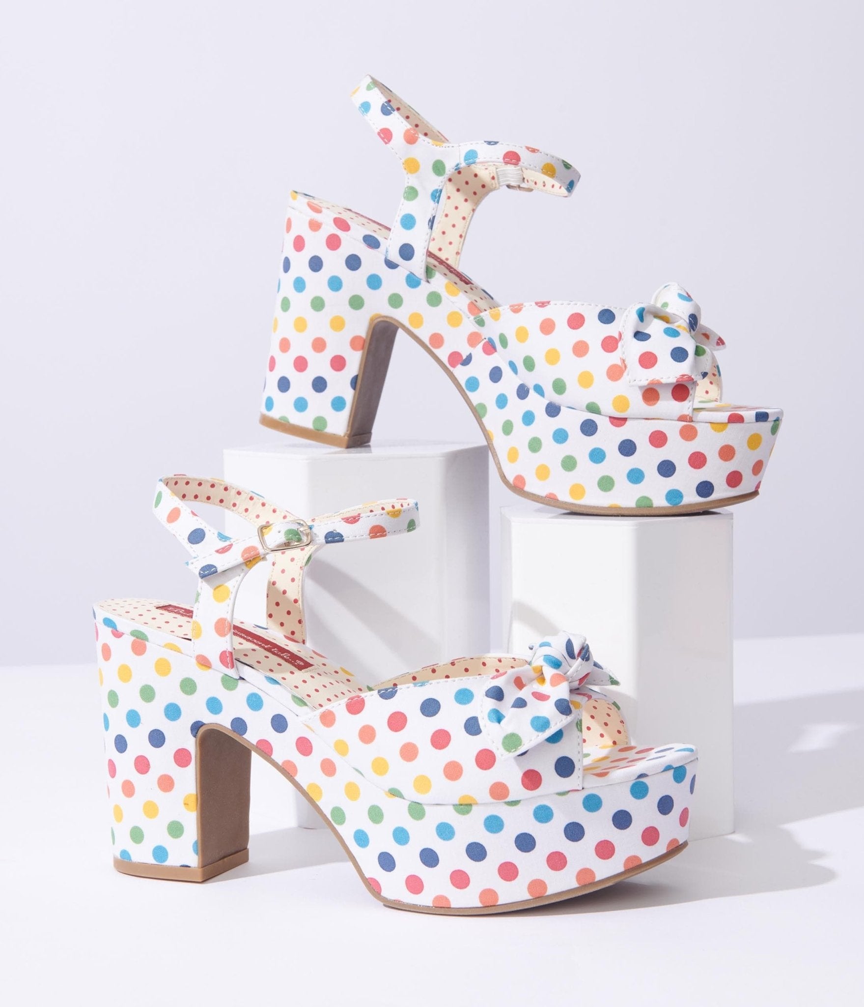 B.A.I.T. White & Rainbow Dot Platform Sandals - Unique Vintage - Womens, SHOES, SANDALS