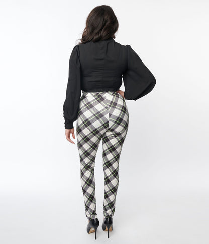 Beetlejuice x Unique Vintage Black & Green Plaid Beetlejuice Cigarette Pants - Unique Vintage - Womens, BOTTOMS, PANTS