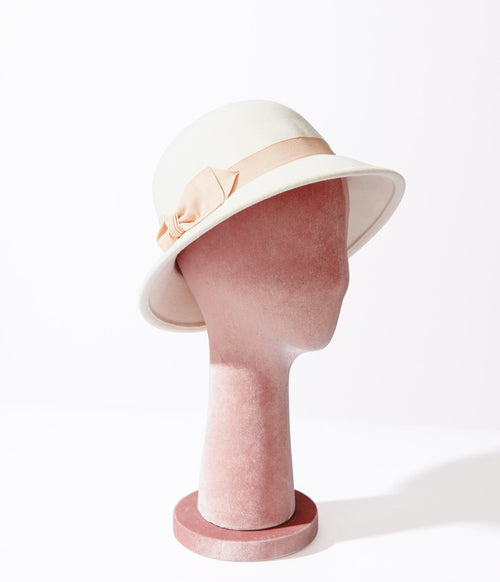 Beige & Peach Bow Cloche Hat - Unique Vintage - Womens, ACCESSORIES, HATS
