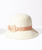 Beige & Peach Bow Cloche Hat - Unique Vintage - Womens, ACCESSORIES, HATS