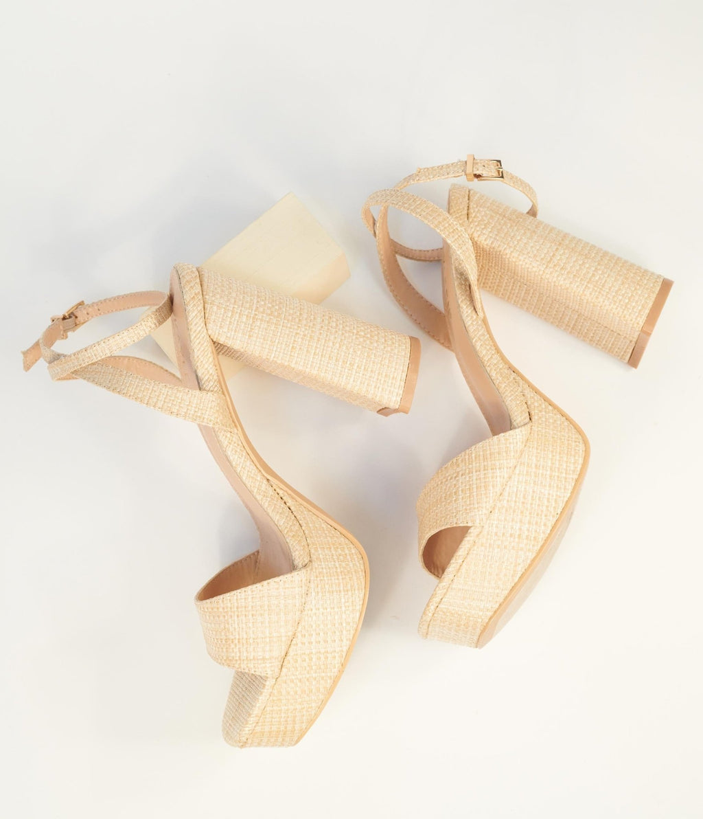 Beige Rattan Platform Heel - Unique Vintage - Heels