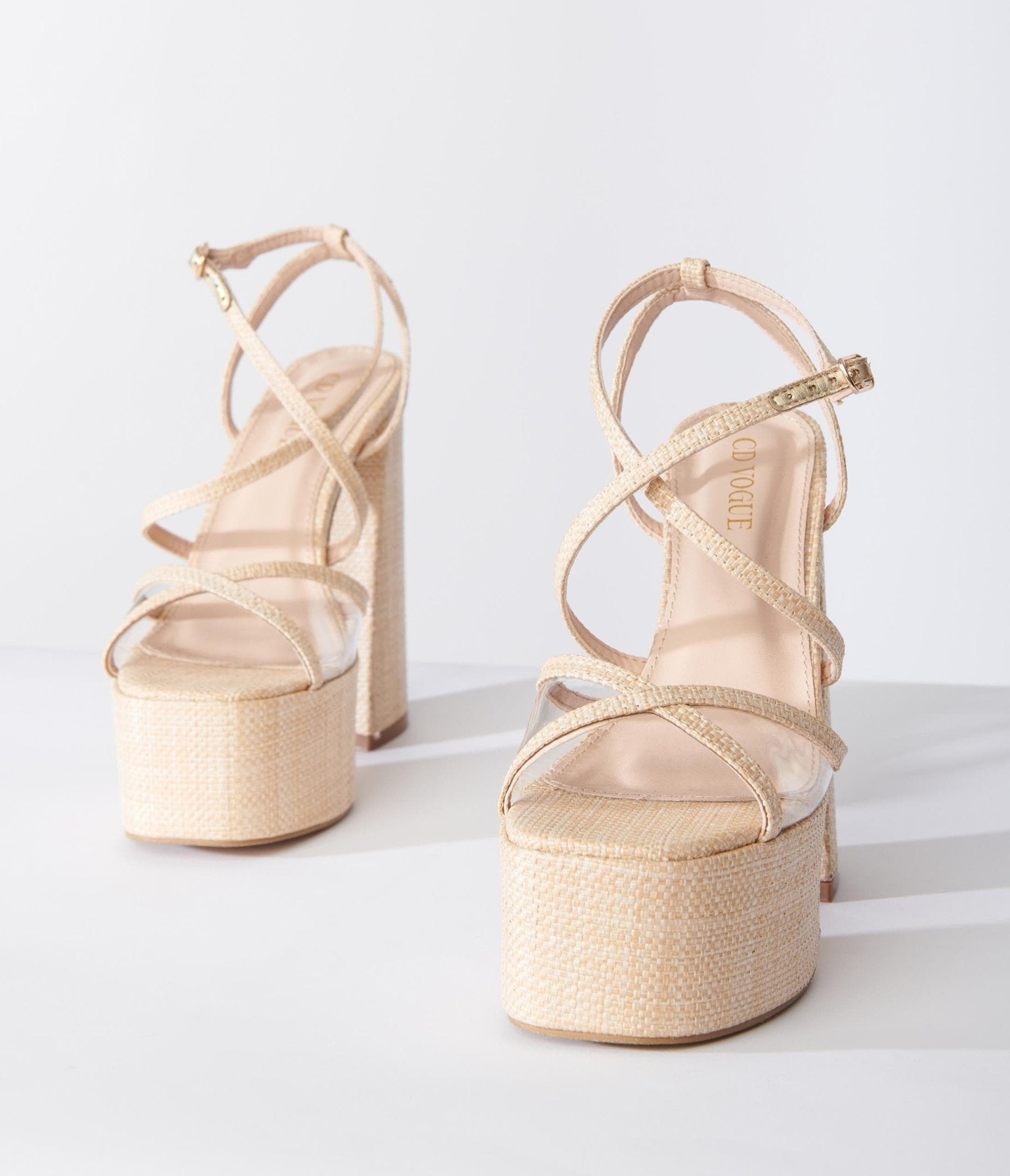 Beige Rattan Platform Sandals - Unique Vintage - Womens, SHOES, HEELS