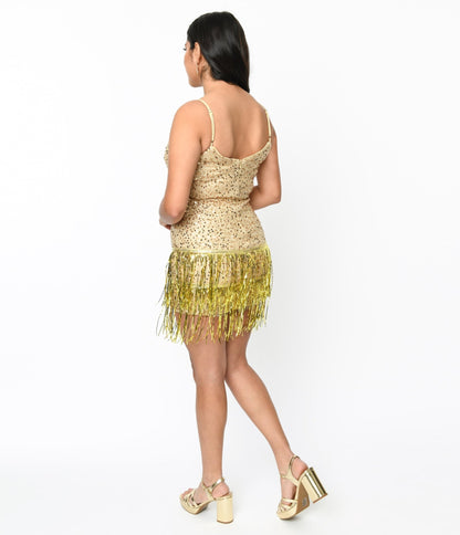 Beige Sequin & Gold Tinsel Fringe Mini Dress - Unique Vintage - Womens, DRESSES, SHIFTS