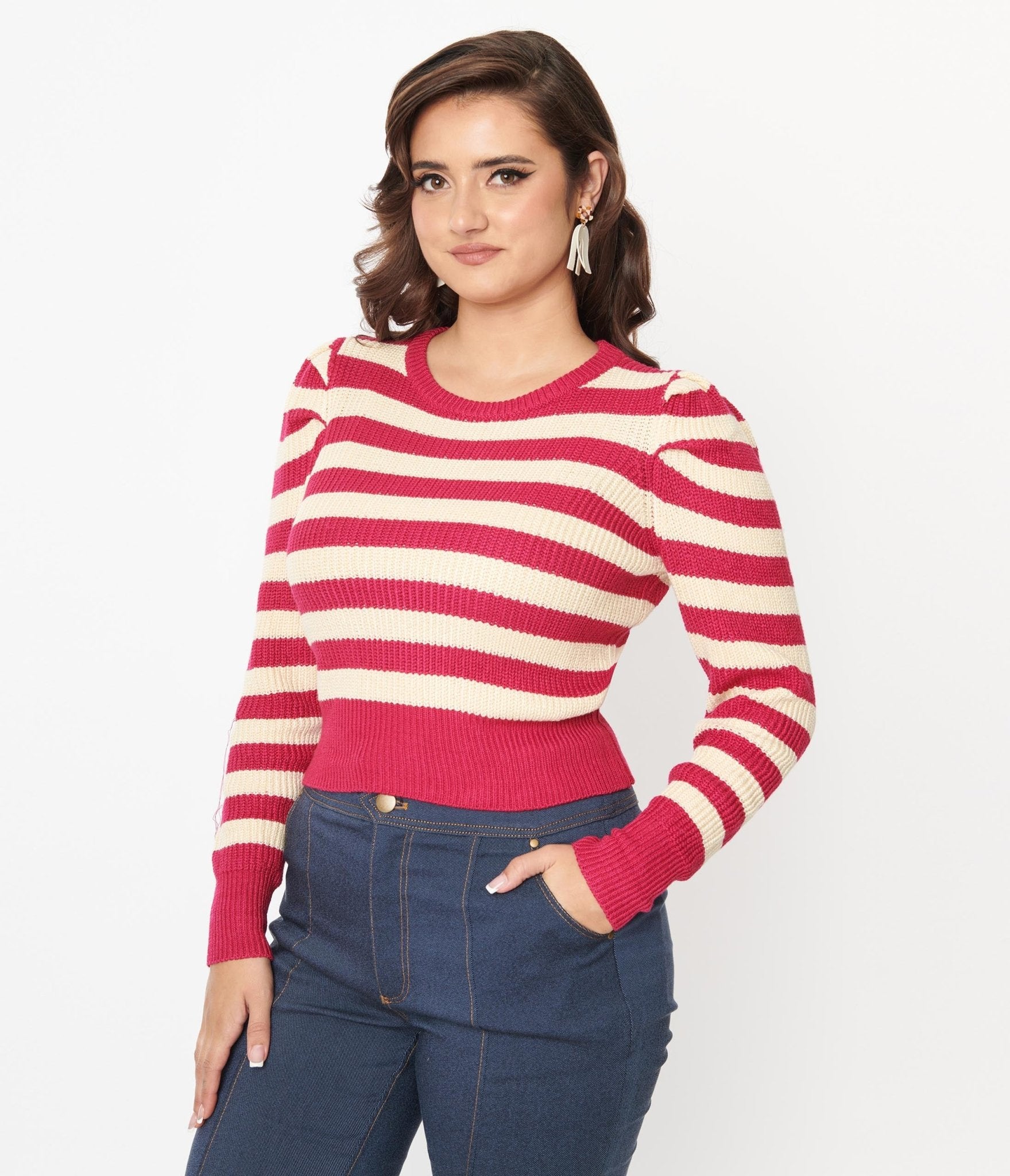 Berry Pink & Cream Stripe Sweater - Unique Vintage - Womens, TOPS, KNIT TOPS