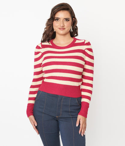 Berry Pink & Cream Stripe Sweater - Unique Vintage - Womens, TOPS, KNIT TOPS