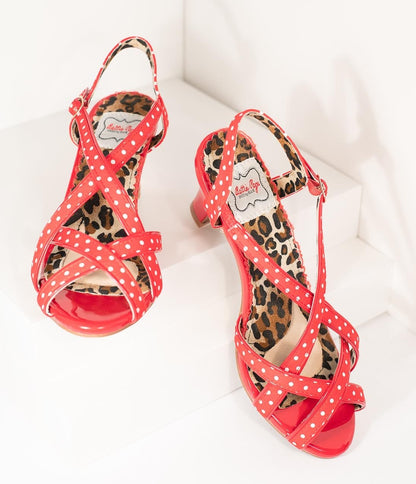 Bettie Page Retro Red & White Polka Dot Peep Toe Gracie Heels - Unique Vintage - Womens, SHOES, HEELS