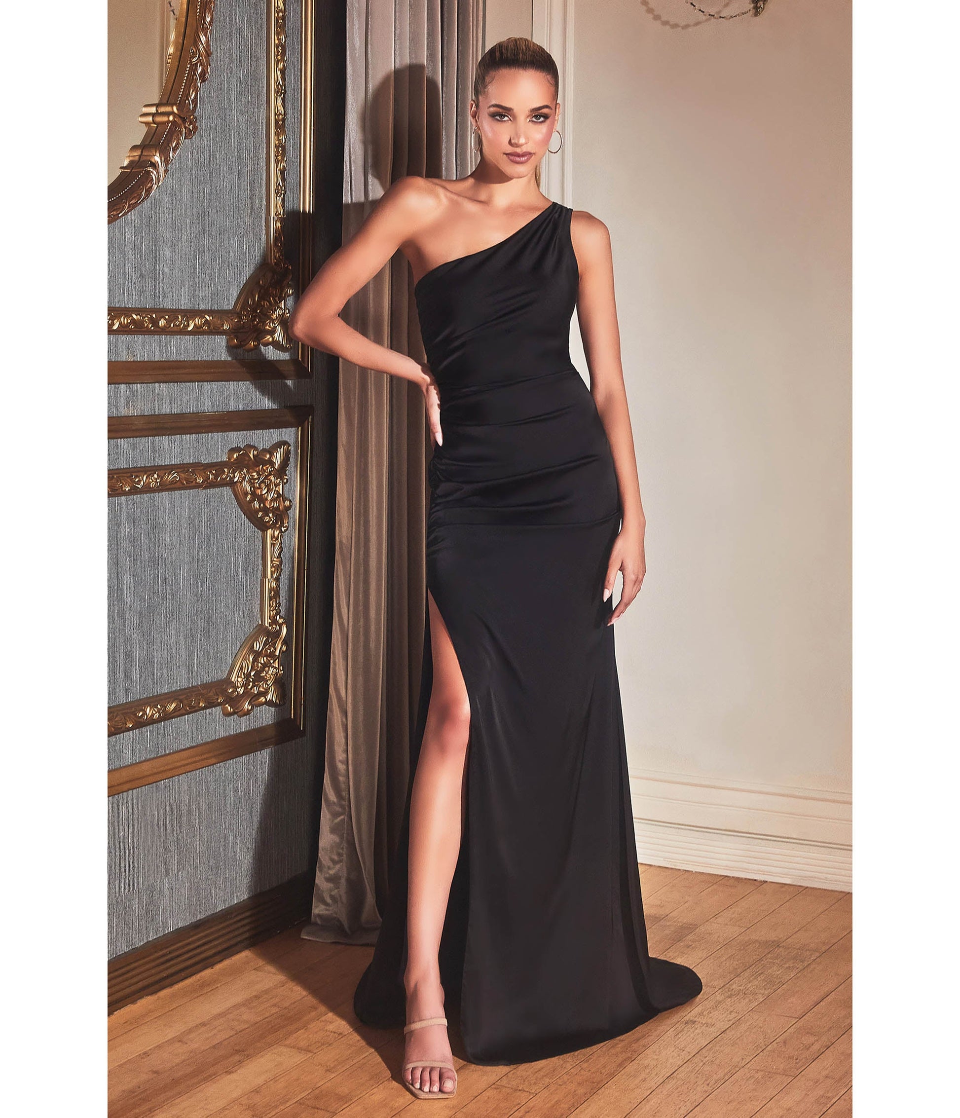 Black Asymmetric One Shoulder Satin Slit Dress - Unique Vintage - Womens, DRESSES, PROM AND SPECIAL OCCASION