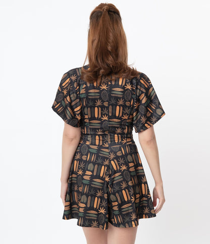Black & Bali Hai Tropical Print Cutout Romper - Unique Vintage - Womens, BOTTOMS, ROMPERS AND JUMPSUITS