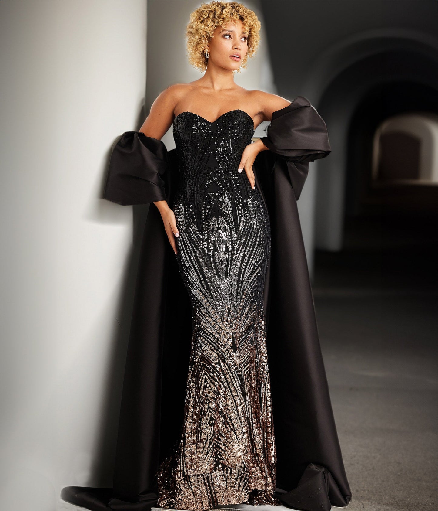 Black Bead Embellished Satin Strapless Gown - Unique Vintage - Womens, DRESSES, PROM AND SPECIAL OCCASION