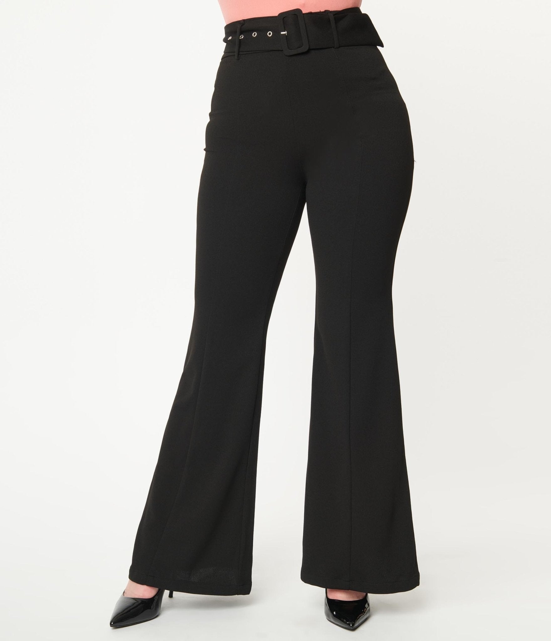 Black Belted Flare Pants - Unique Vintage - Womens, BOTTOMS, PANTS