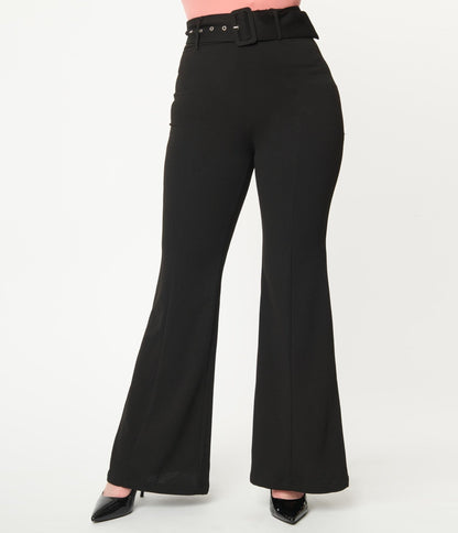 Black Belted Flare Pants - Unique Vintage - Womens, BOTTOMS, PANTS