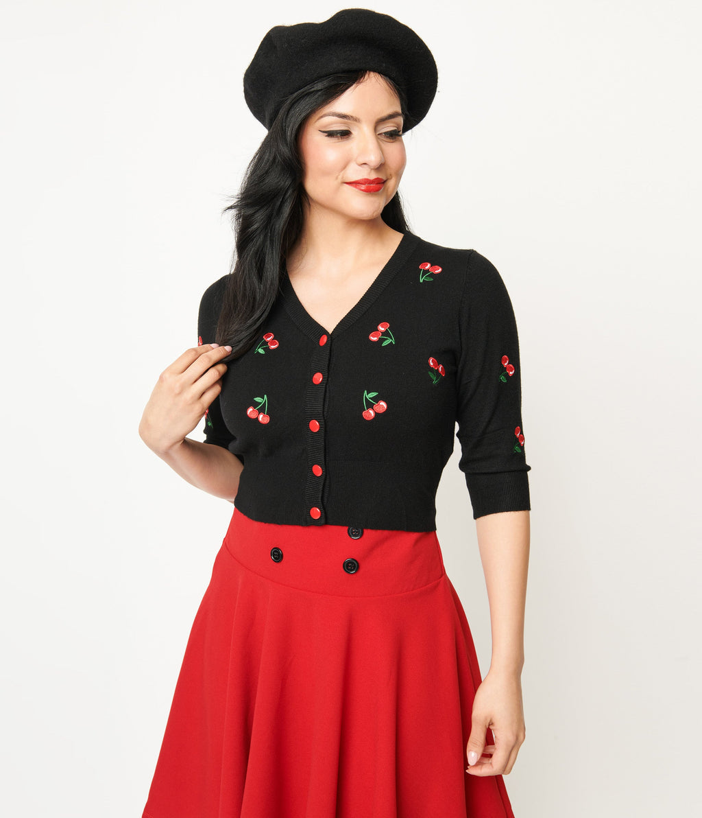Black Cherry Embroidered Cropped Knit Cardigan - Unique Vintage - Womens, TOPS, SWEATERS