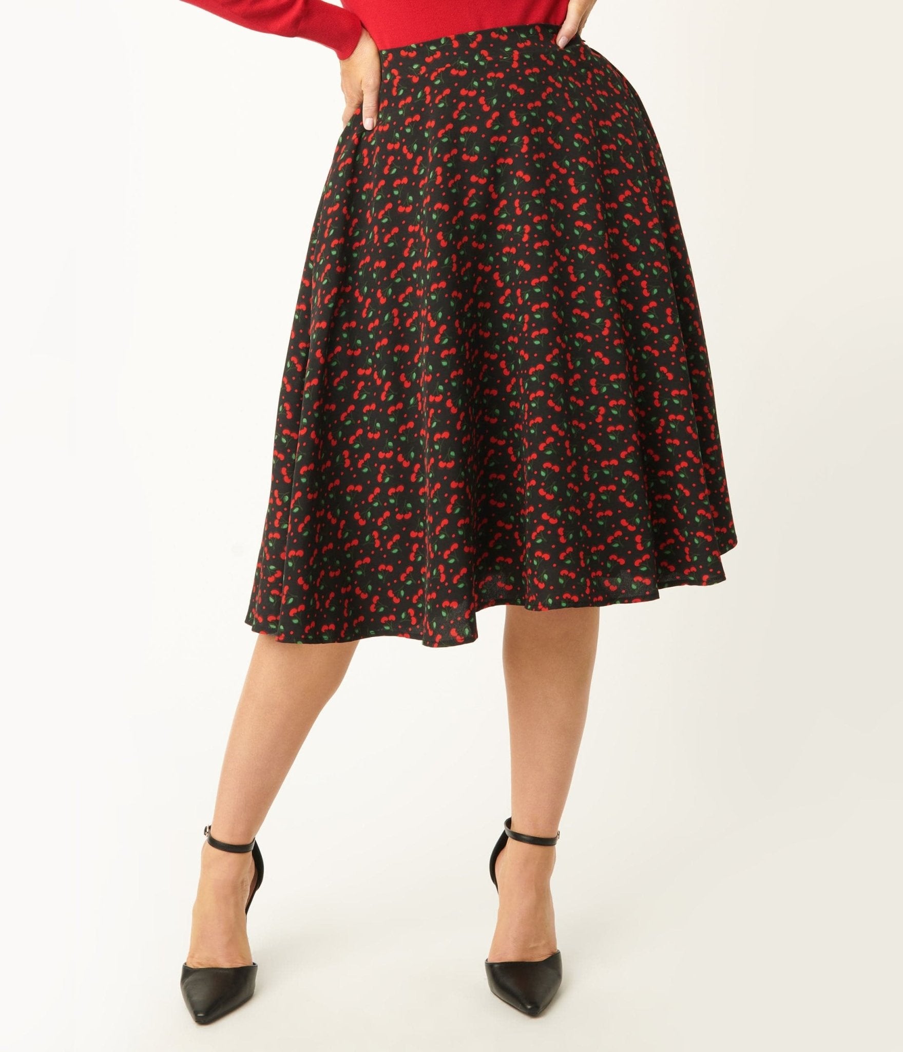 Black & Cherry Print Swing Skirt - Unique Vintage - Womens, BOTTOMS, SKIRTS