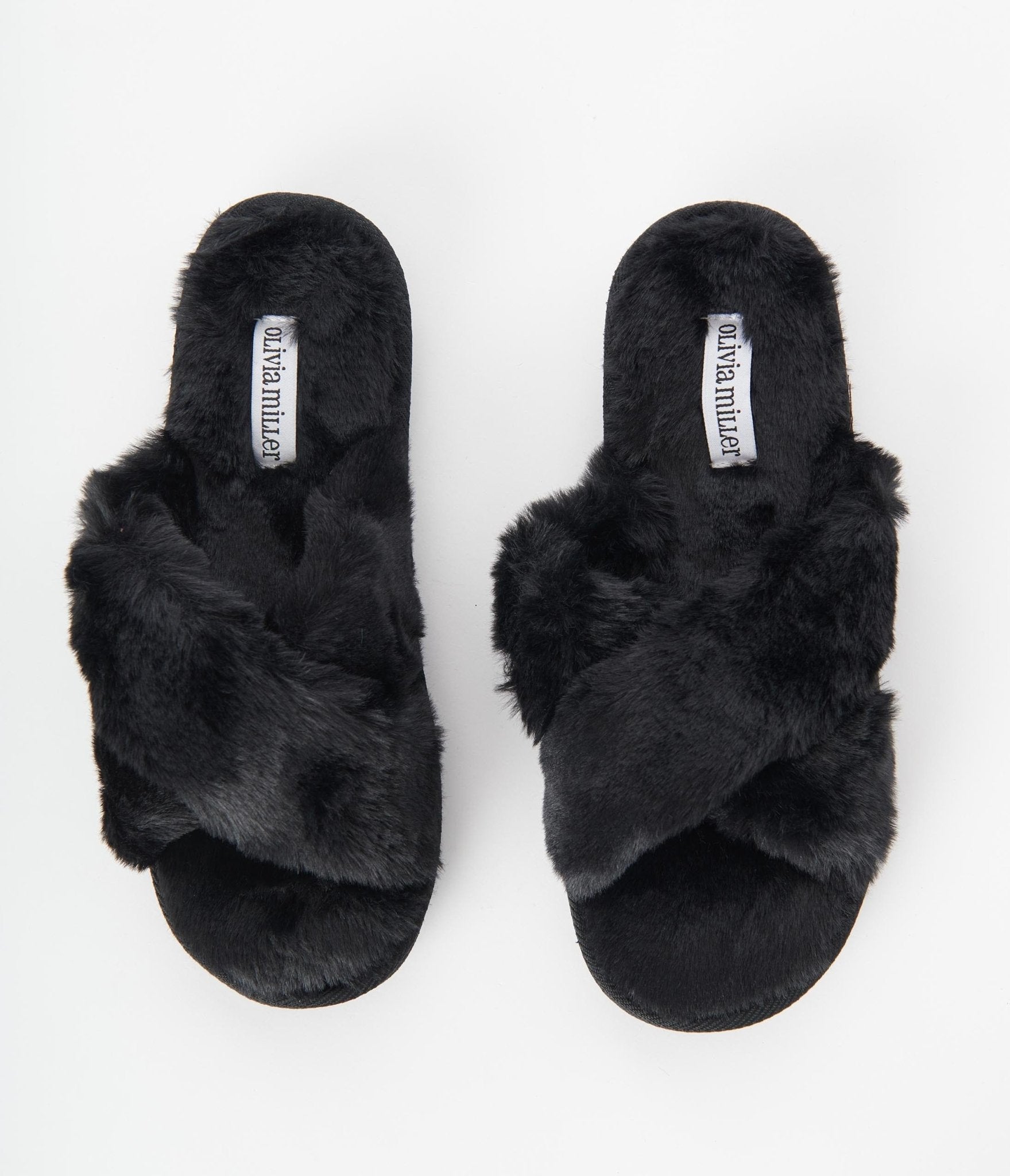 Black Cross Strap Fuzzy Slippers - Unique Vintage - Womens, ACCESSORIES, GIFTS/HOME