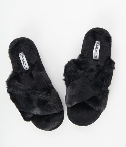 Black Cross Strap Fuzzy Slippers - Unique Vintage - Womens, ACCESSORIES, GIFTS/HOME