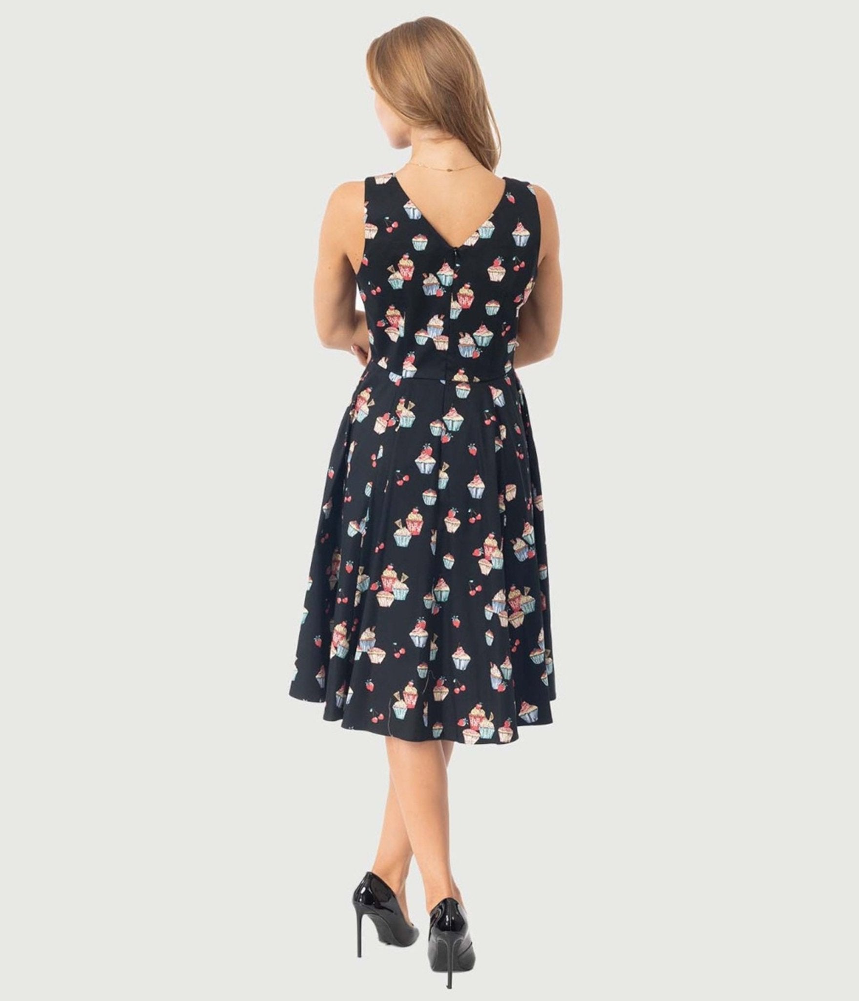 Black Cupcake Print Swing Dress - Unique Vintage - Womens, DRESSES, FIT AND FLARE
