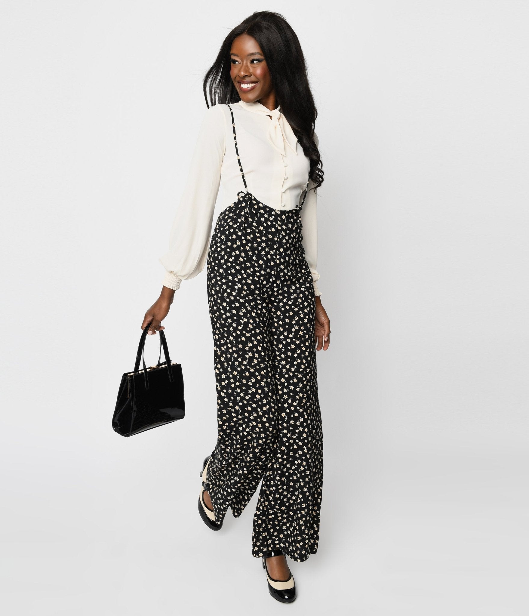 Black Ditsy Floral Jordan Suspender Jumpsuit Unique Vintage