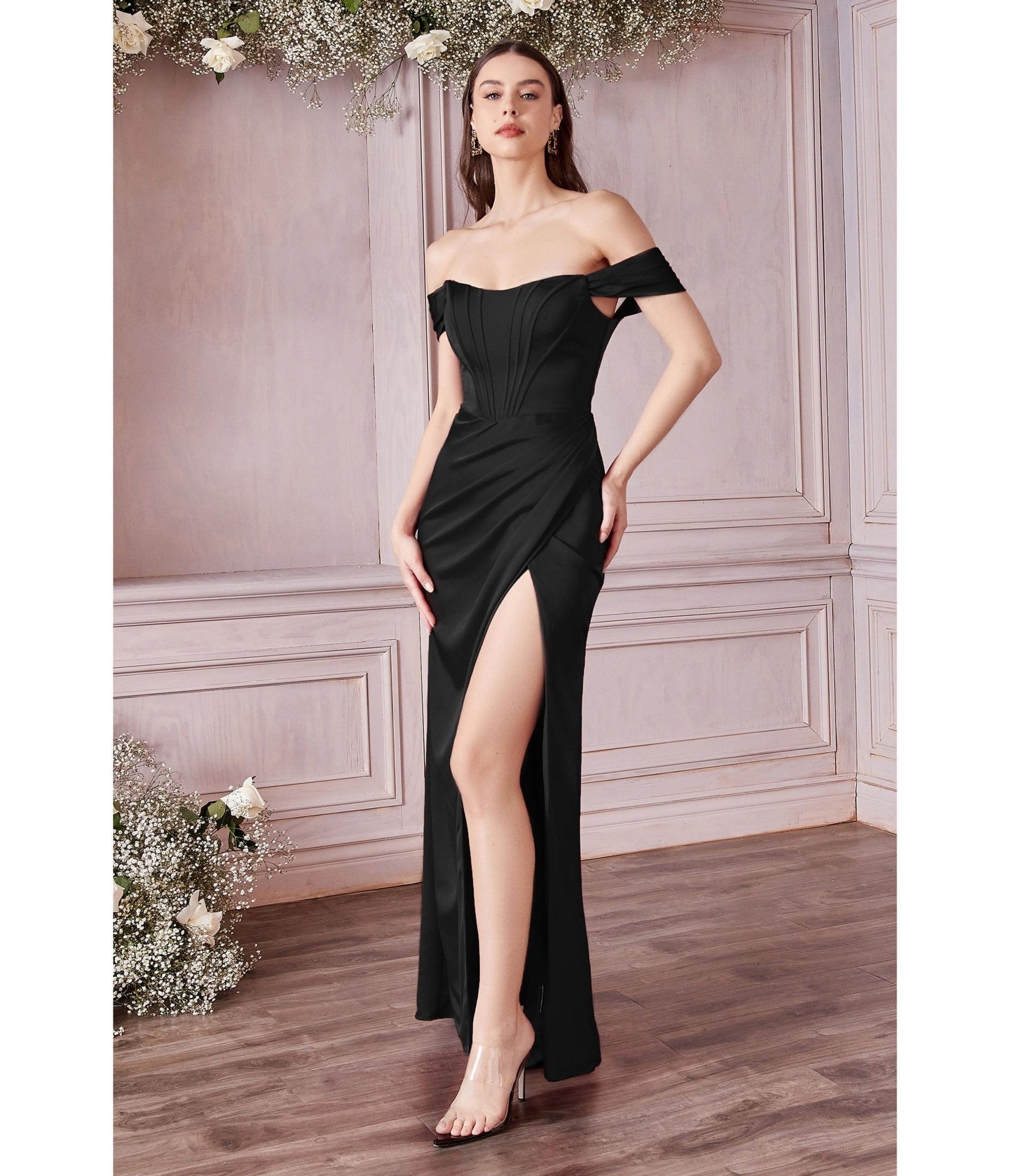 Black Divine Satin Corset Off The Shoulder Prom Dress - Unique Vintage - Womens, DRESSES, PROM AND SPECIAL OCCASION