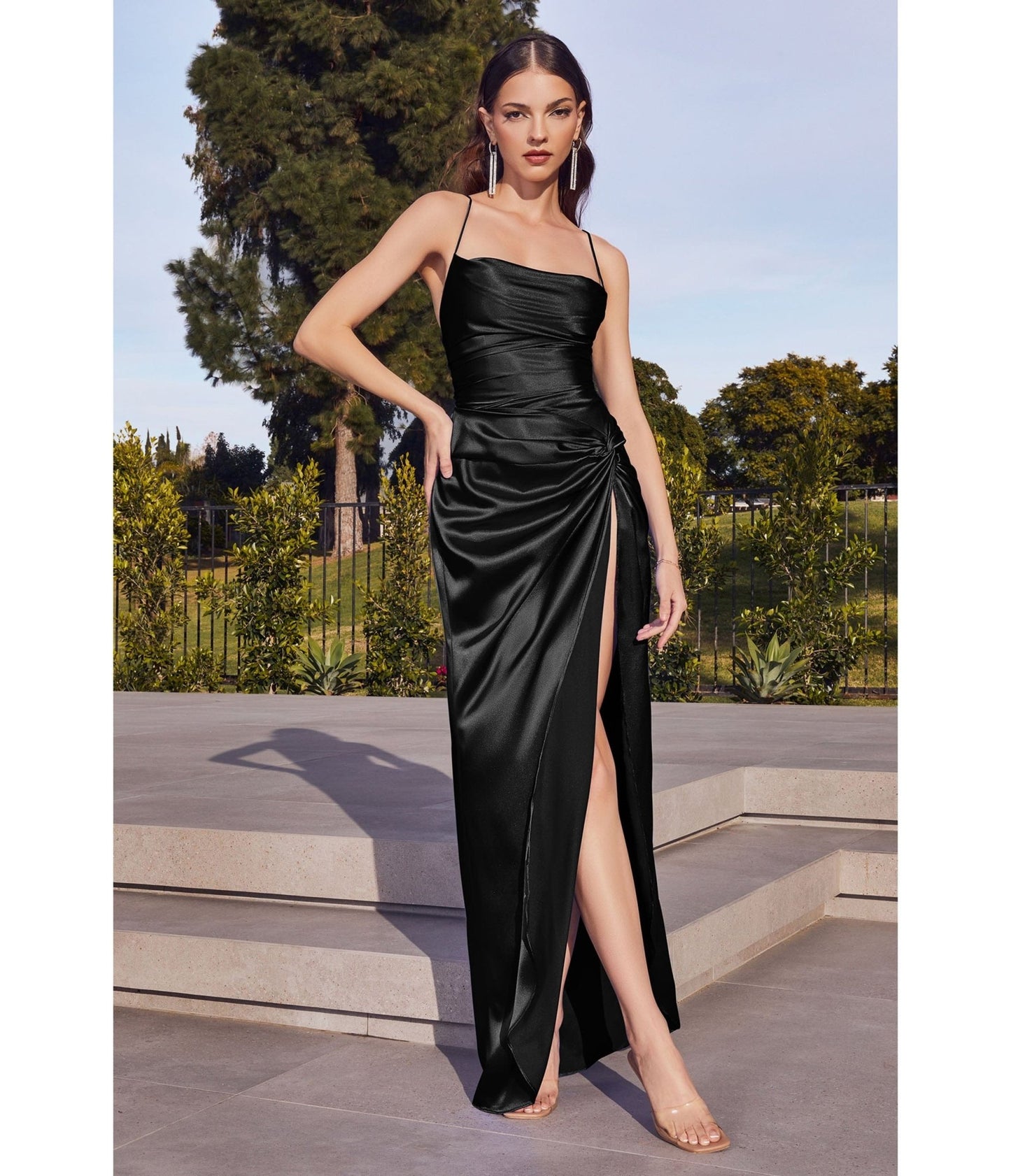 Black Draped Satin Slit Bridesmaid Dress - Unique Vintage - Womens, DRESSES, PROM AND SPECIAL OCCASION