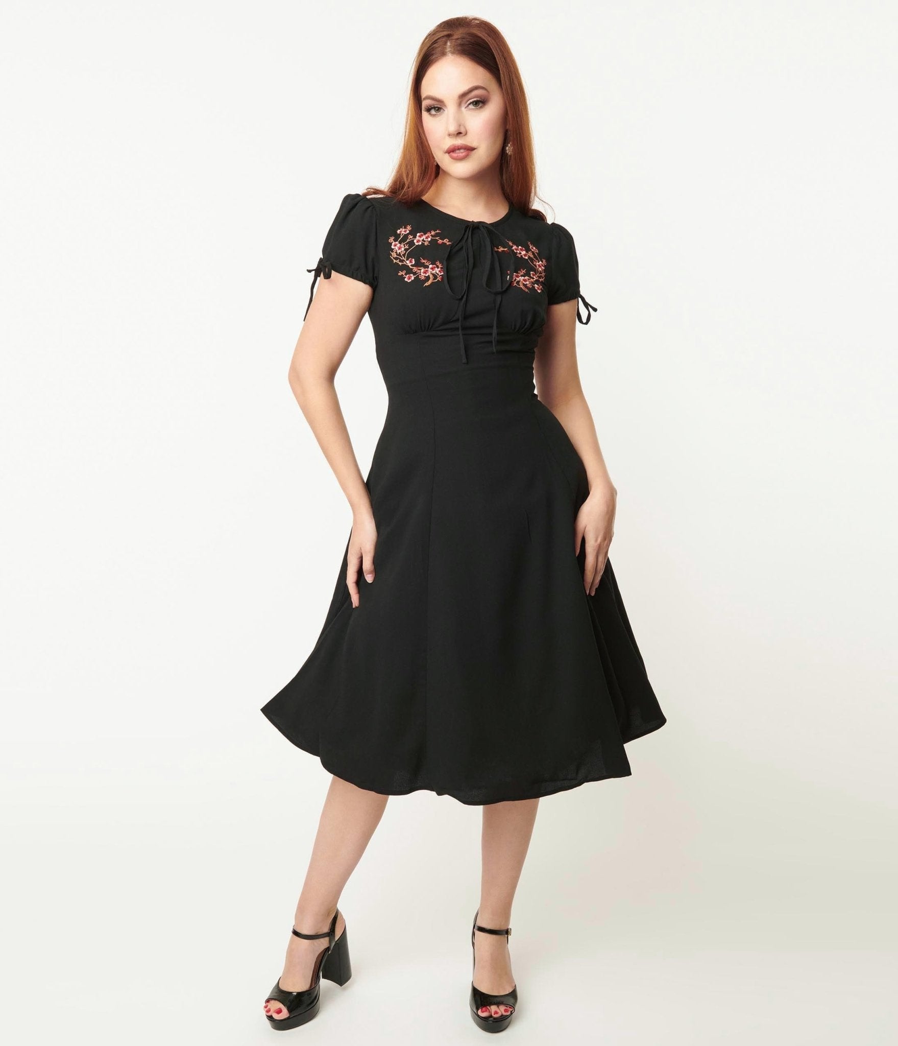 Black & Embroidered Pink Cherry Blossom Palmer Swing Dress - Unique Vintage - Womens, DRESSES, SWING