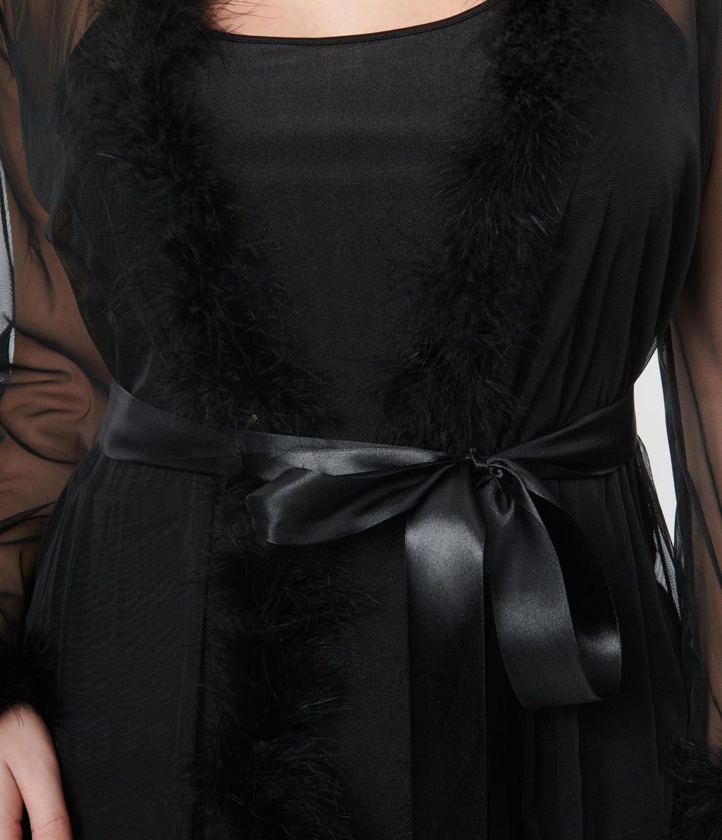 Black Faux Feather Sheer Longline Robe - Unique Vintage - Womens, ACCESSORIES, LINGERIE
