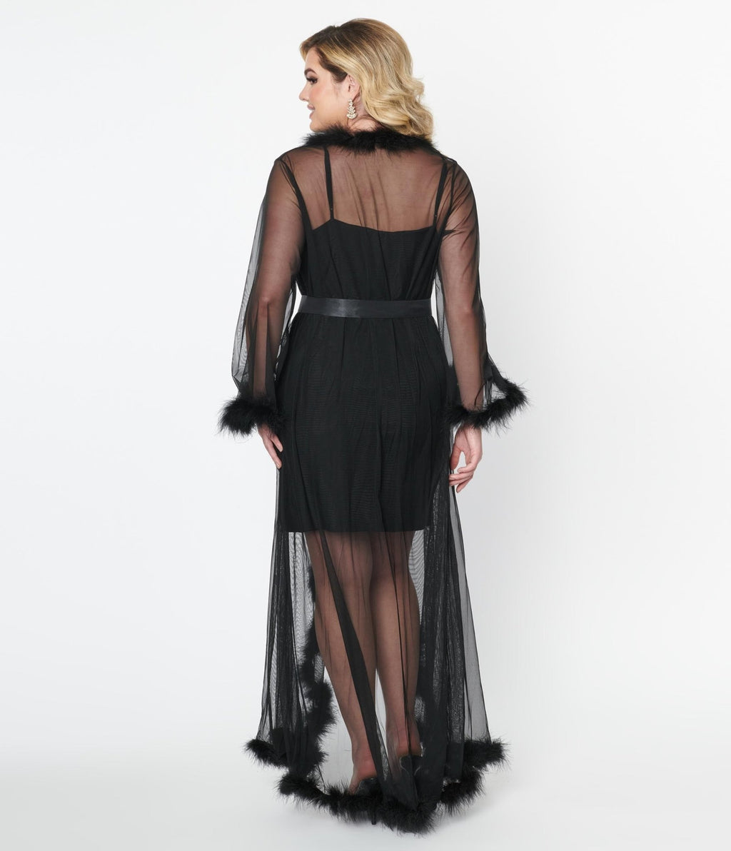 Black Faux Feather Sheer Longline Robe - Unique Vintage - Womens, ACCESSORIES, LINGERIE