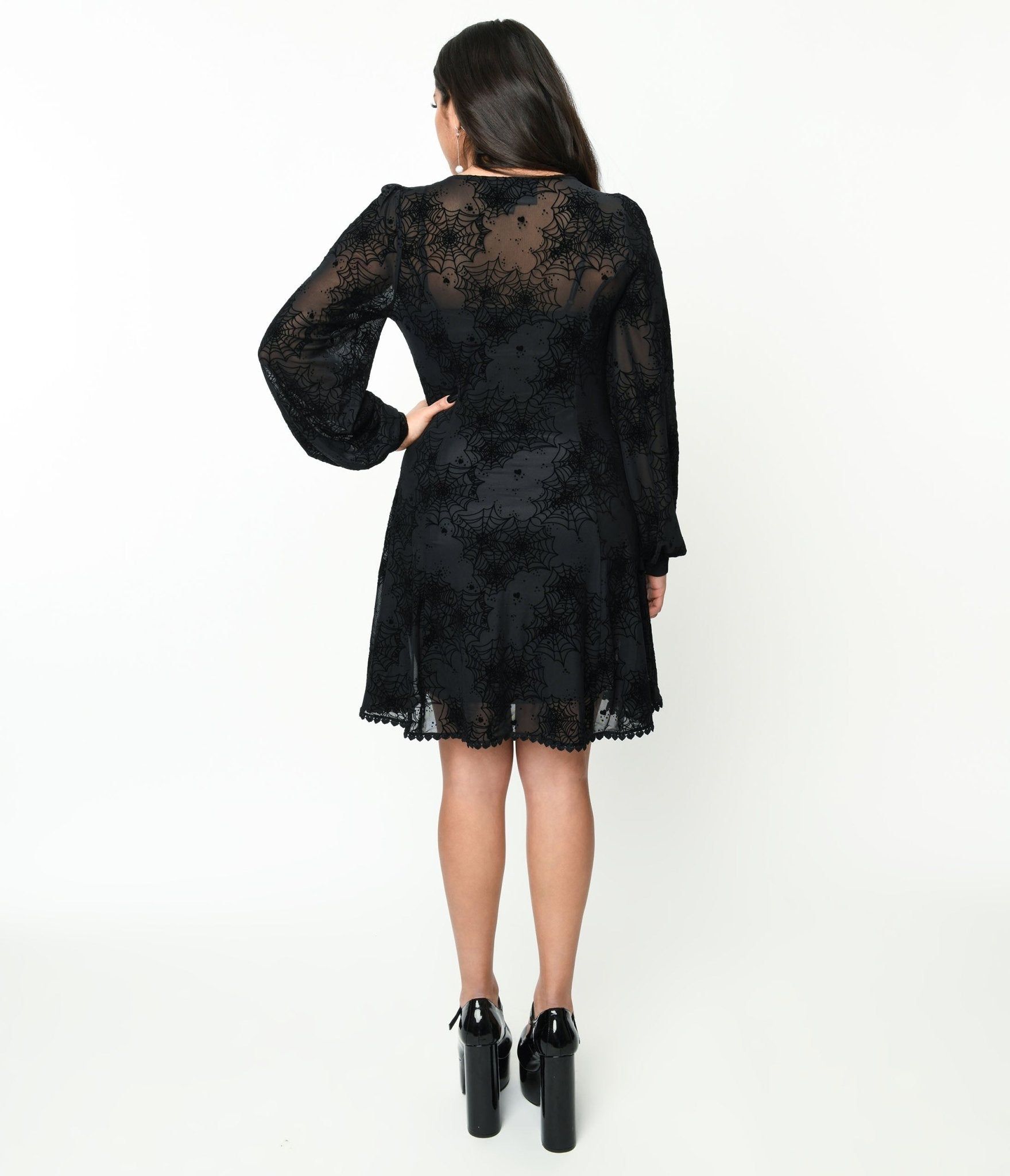 Black Flocked Spiderweb Penny Mini Dress - Unique Vintage - Womens, HALLOWEEN, DRESSES
