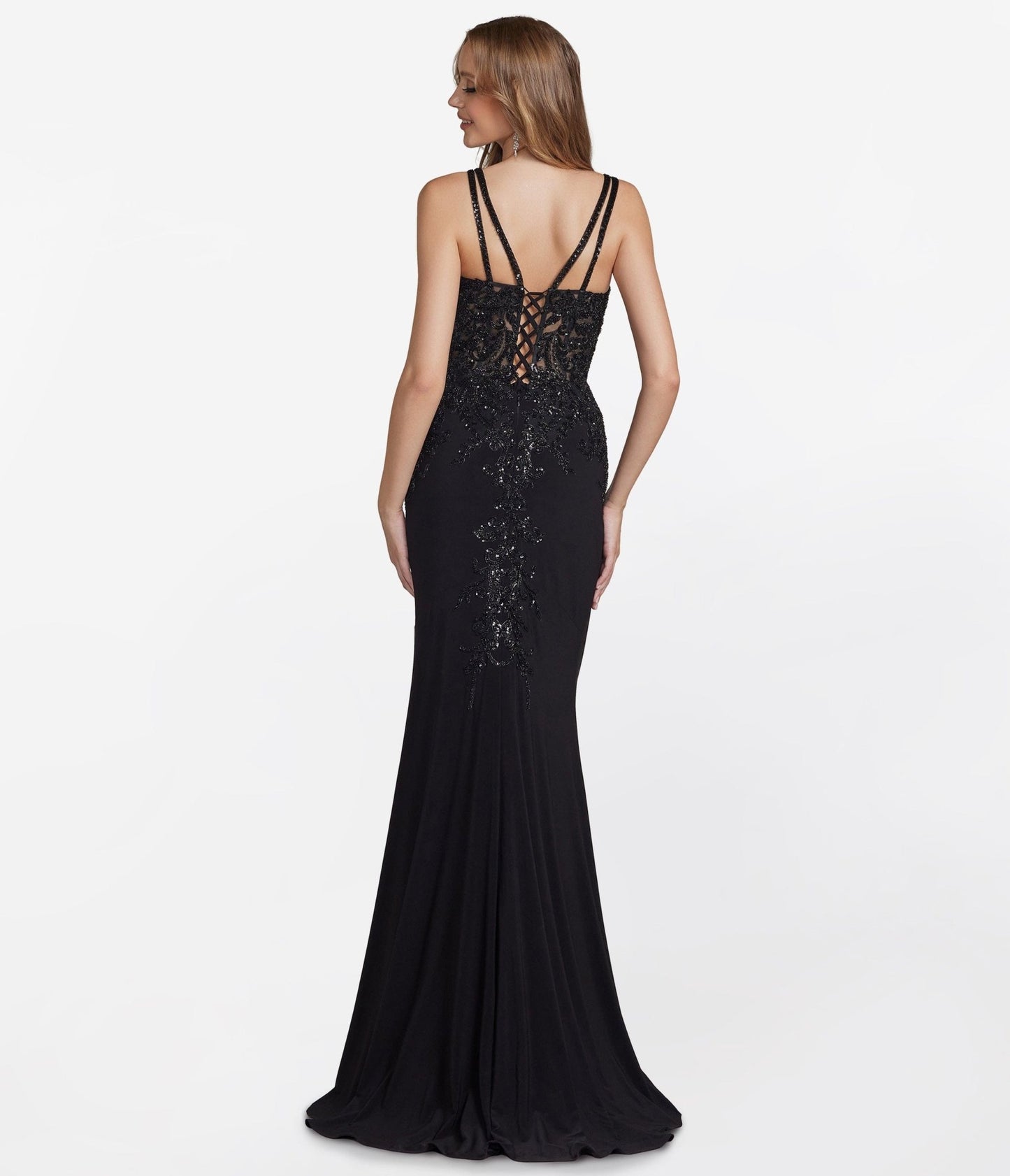 Black Floral Beaded Lace Formal Prom Gown - Unique Vintage - Womens, DRESSES, PROM AND SPECIAL OCCASION